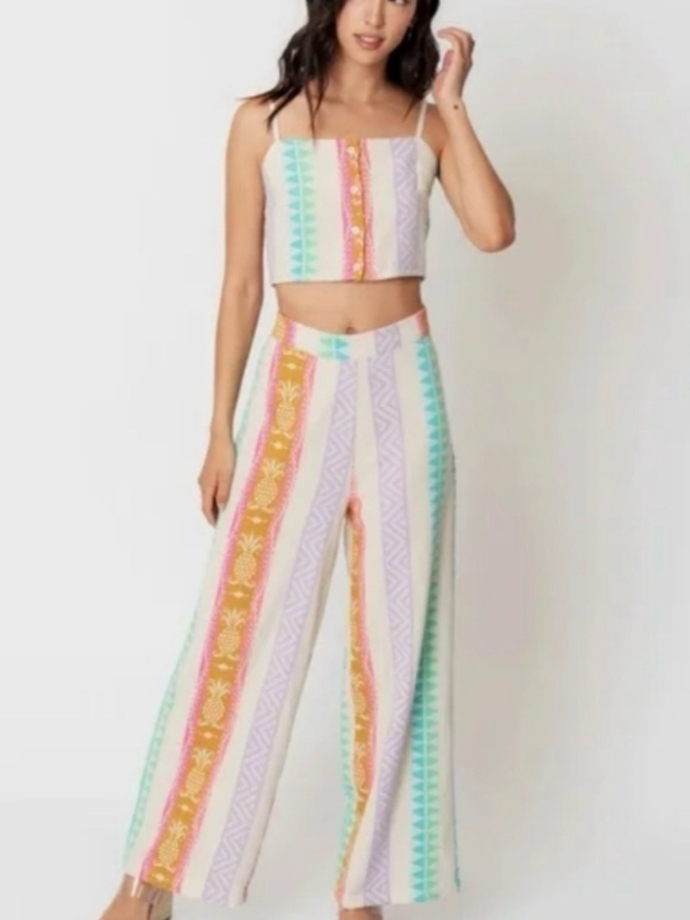 En Crème Vibrant Boho Multi Striped/ Pineapple Crop Top Wide-Leg Pant Set Size S